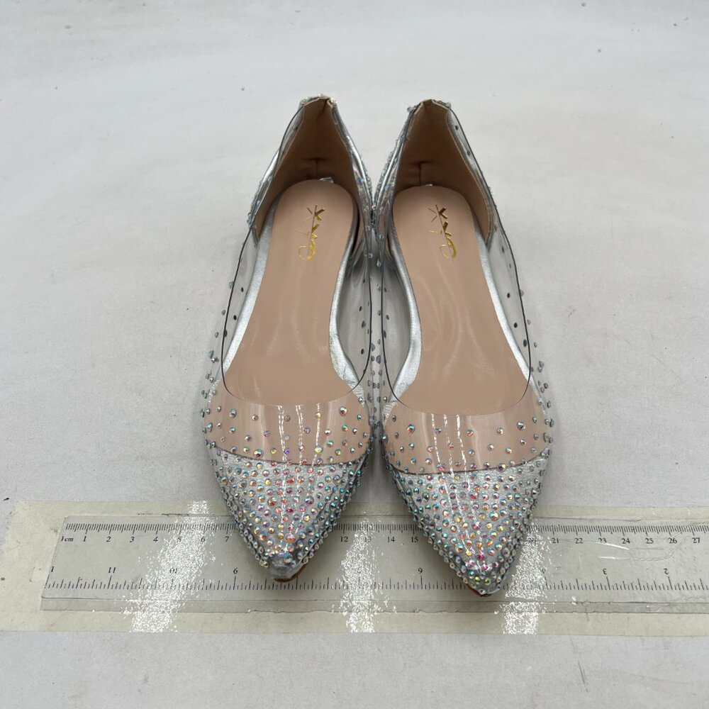 XYD Silver Sequins Rhinestones Studded Rivets Hidden Heels Slip On Ballet Flats - Picture 3 of 8